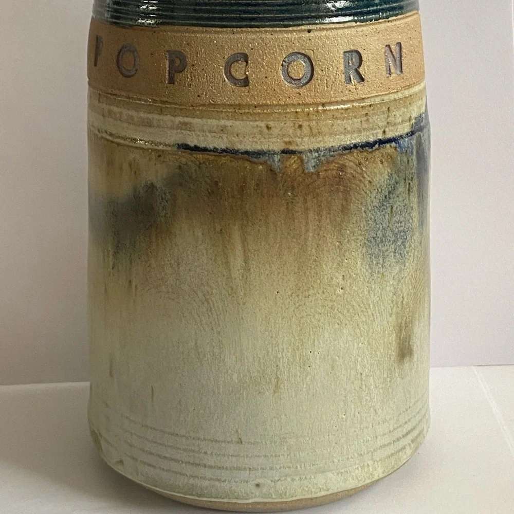 Hand Made 1989 Stoneware Pottery Container POPCORN Crock Signed Bob Huskins
